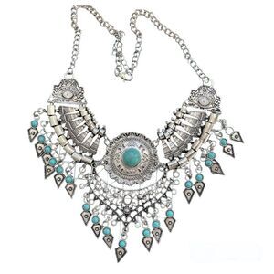 Fashionable Multi-Layer Braided Turquoise and Silver Necklace